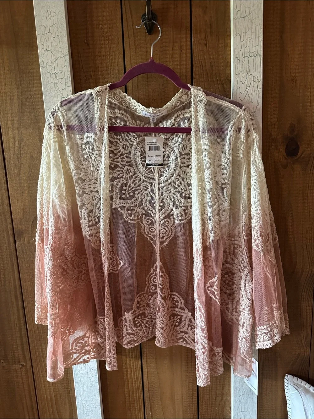 Sheer Lace Kimono Cardigan - Cream to Pink Ombre